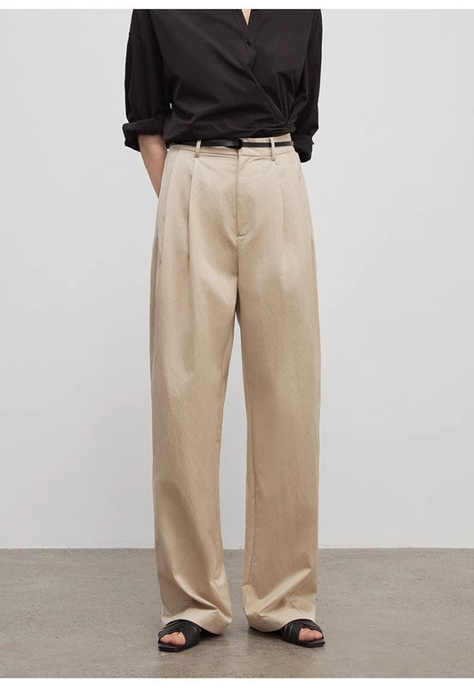 Spliced Double-Pleat Wide-Leg Trousers Straight-Leg Trousers for Women