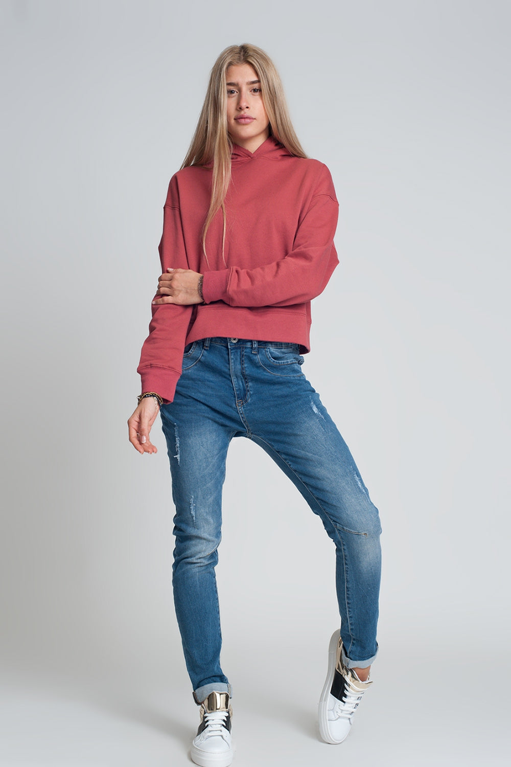 Distressed Boyfriend Jeans Blue Denim