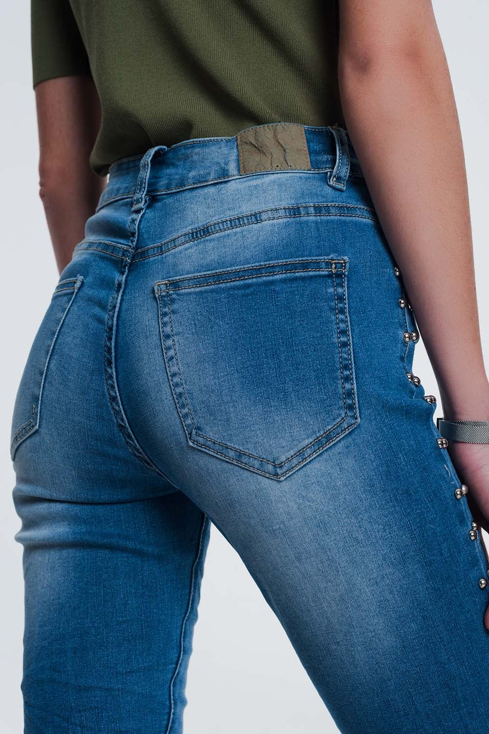 Wrinkled Denim Studded Skinny Jeans