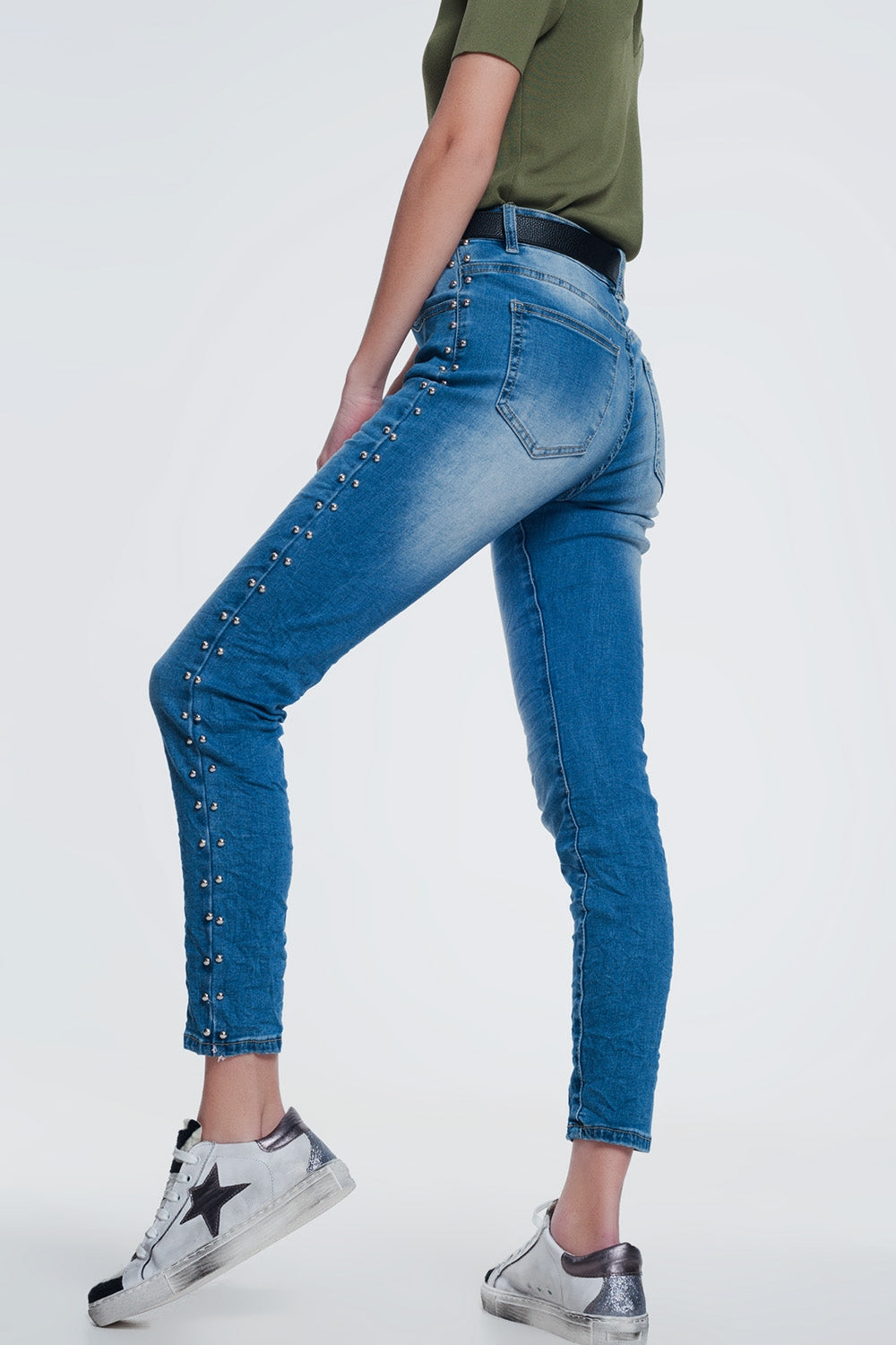 Wrinkled Denim Studded Skinny Jeans