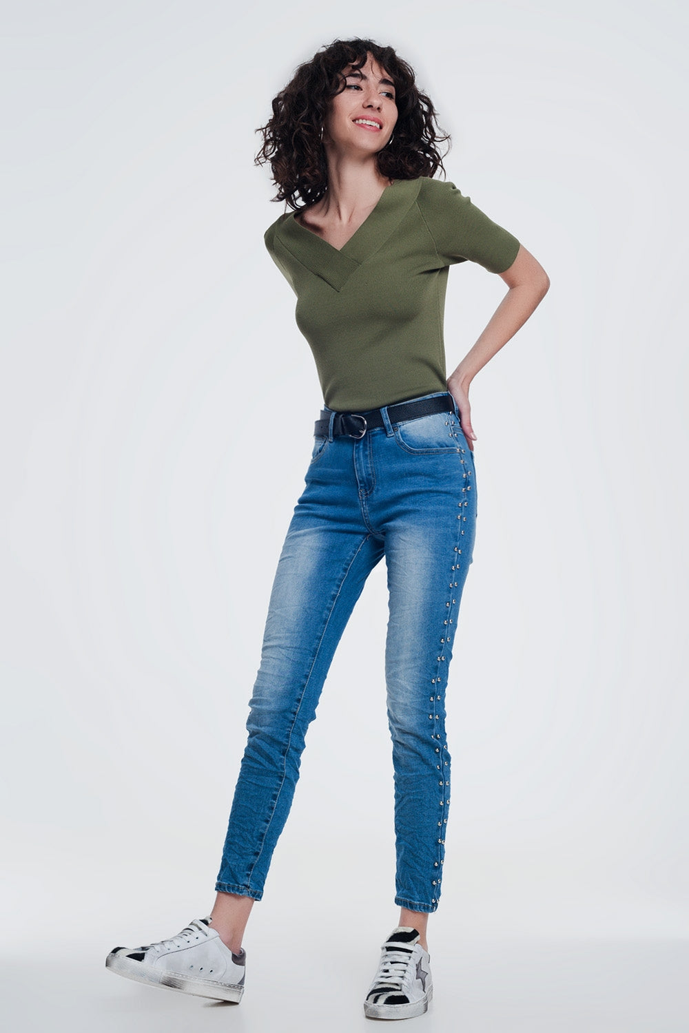 Wrinkled Denim Studded Skinny Jeans