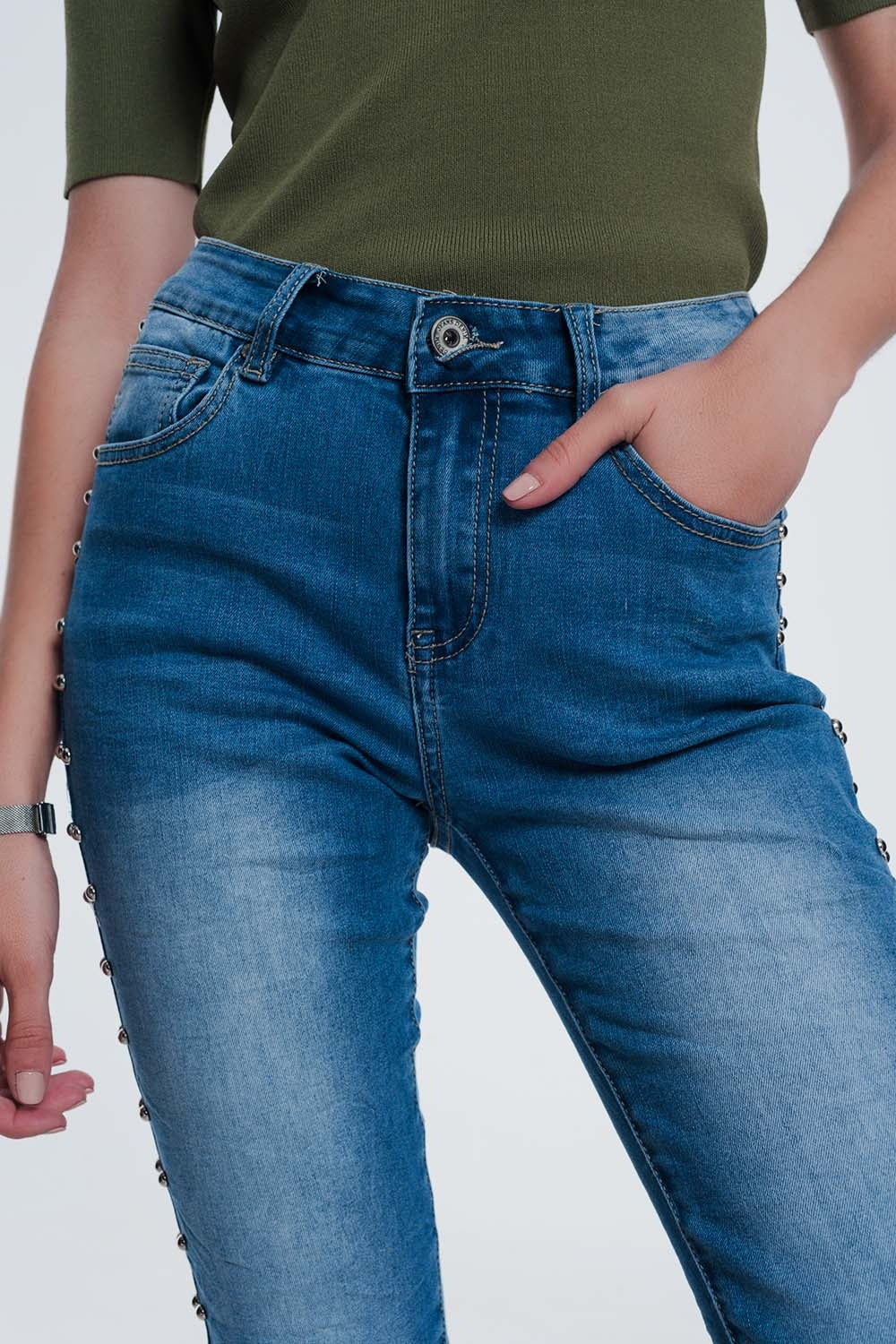 Wrinkled Denim Studded Skinny Jeans
