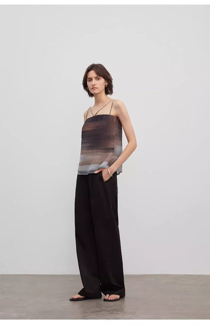 Spliced Double-Pleat Wide-Leg Trousers Straight-Leg Trousers for Women