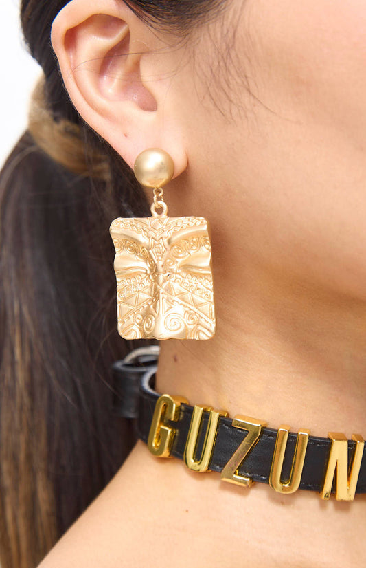 Archi Retro Face Square Clip-On Golden Earrings