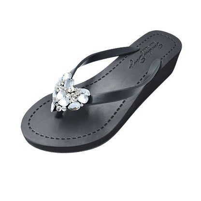 Crystal Heart - Rhinestone Mid Wedge Flip Flops Womens Embellished Sandals