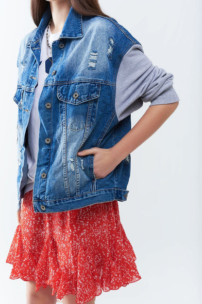 Denim Jacket With Jogging Fabric Sleeves