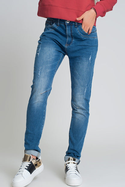 Distressed Boyfriend Jeans  Blue Denim