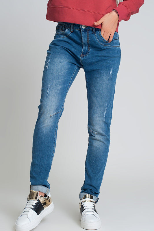 Distressed Boyfriend Jeans  Blue Denim
